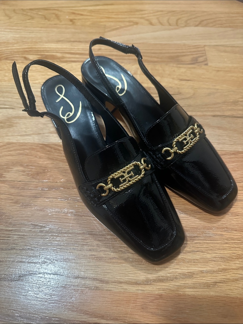 Sam Edelman Black Patent Slingback Loafers with Gold Chain